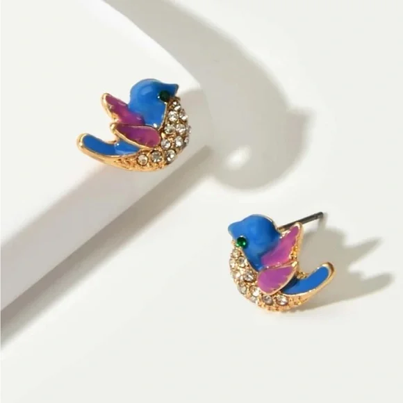 BLUE BIRD RHINESTONE MINIMALIST STUD EARRINGS - Picture 2 of 5